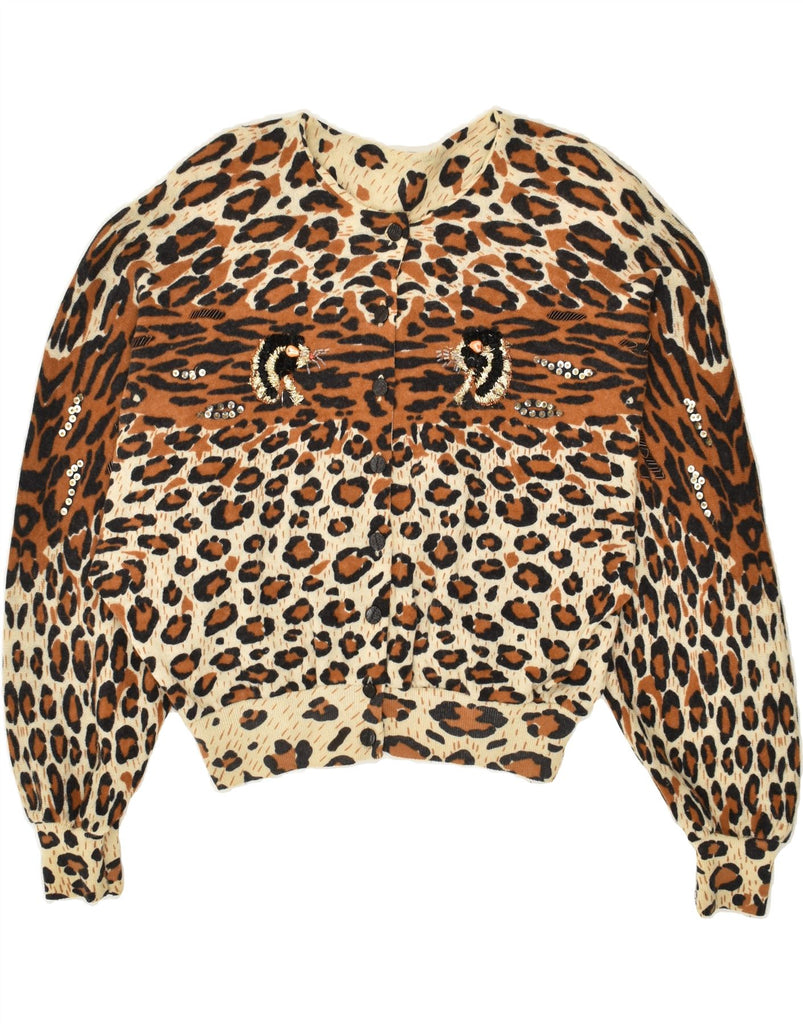 NIKI LINE Womens Crop Cardigan Sweater UK 14 Large Brown Animal Print Wool | Vintage Niki Line | Thrift | Second-Hand Niki Line | Used Clothing | Messina Hembry 
