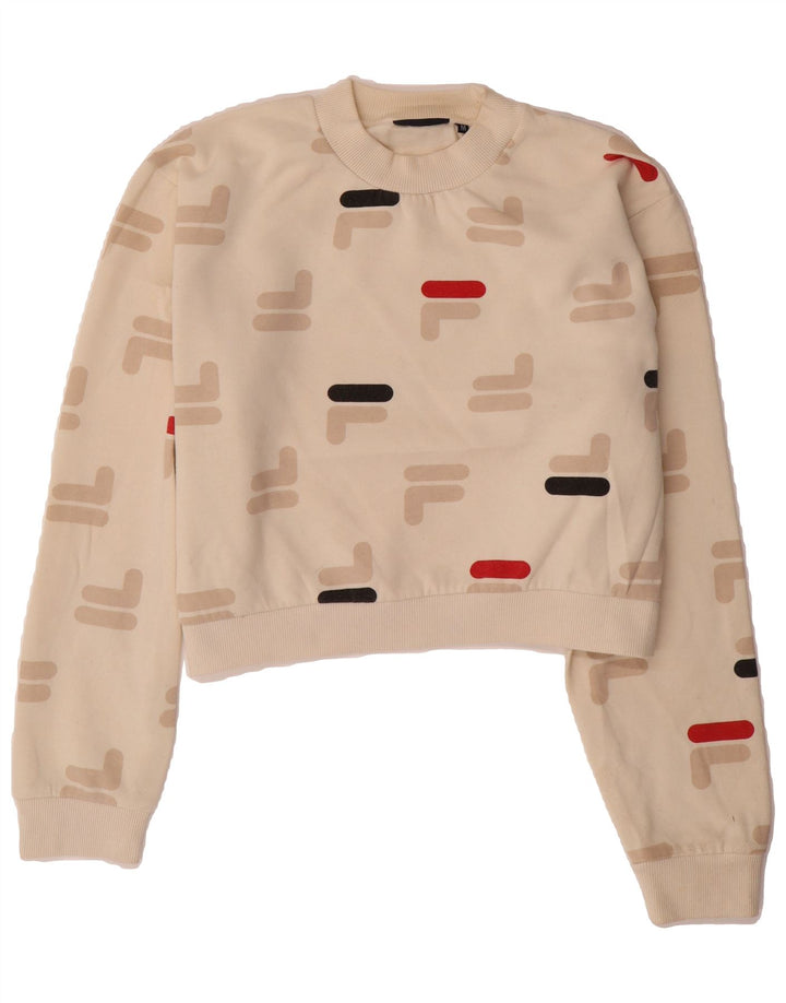 FILA Womens Graphic Crop Sweatshirt Jumper UK 14 Medium Beige Cotton Vintage Fila and Second-Hand Fila from Messina Hembry 