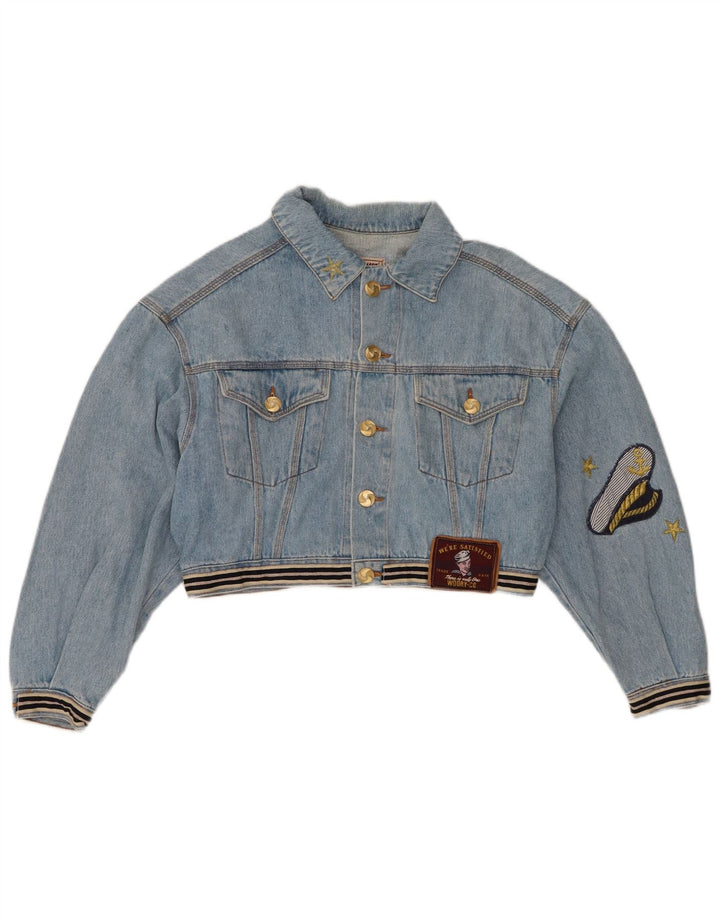 Vintage Womens Graphic Crop Denim Jacket UK 14 Medium Blue Cotton