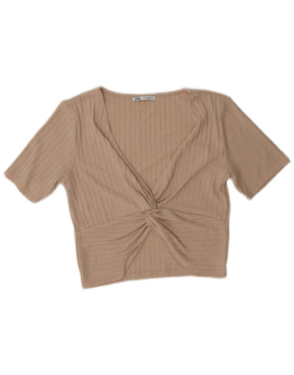 Zara Womens Crop Blouse Top UK 12 Medium Beige Polyester