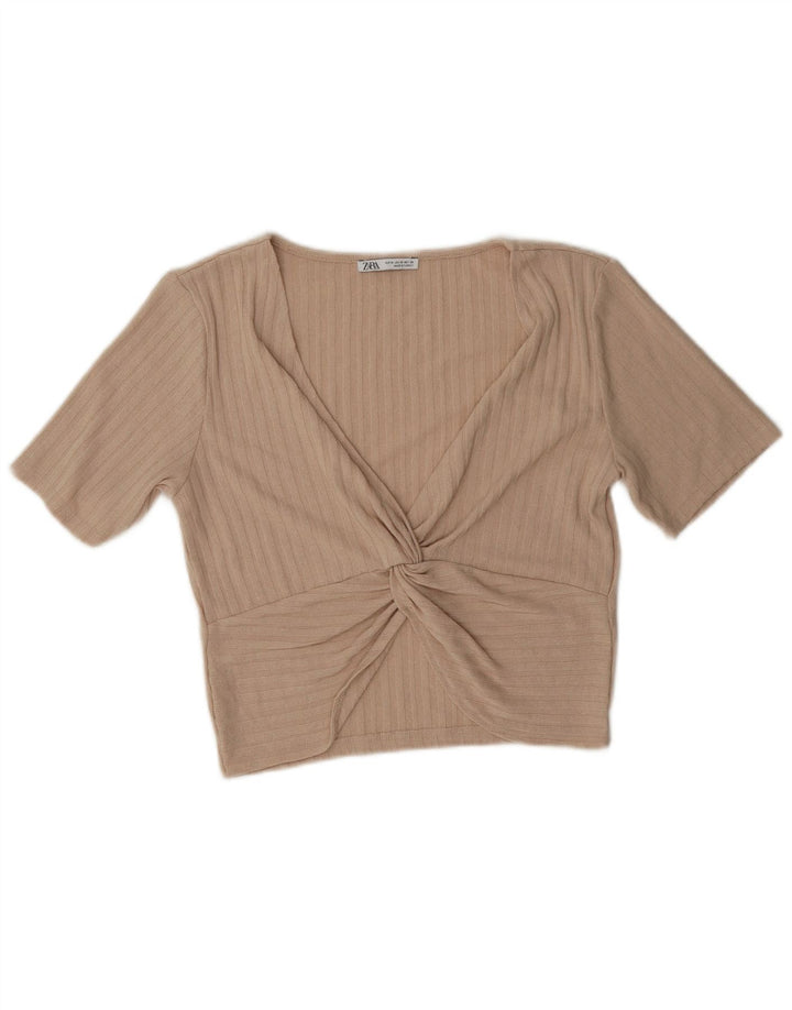 Zara Womens Crop Blouse Top UK 12 Medium Beige Polyester