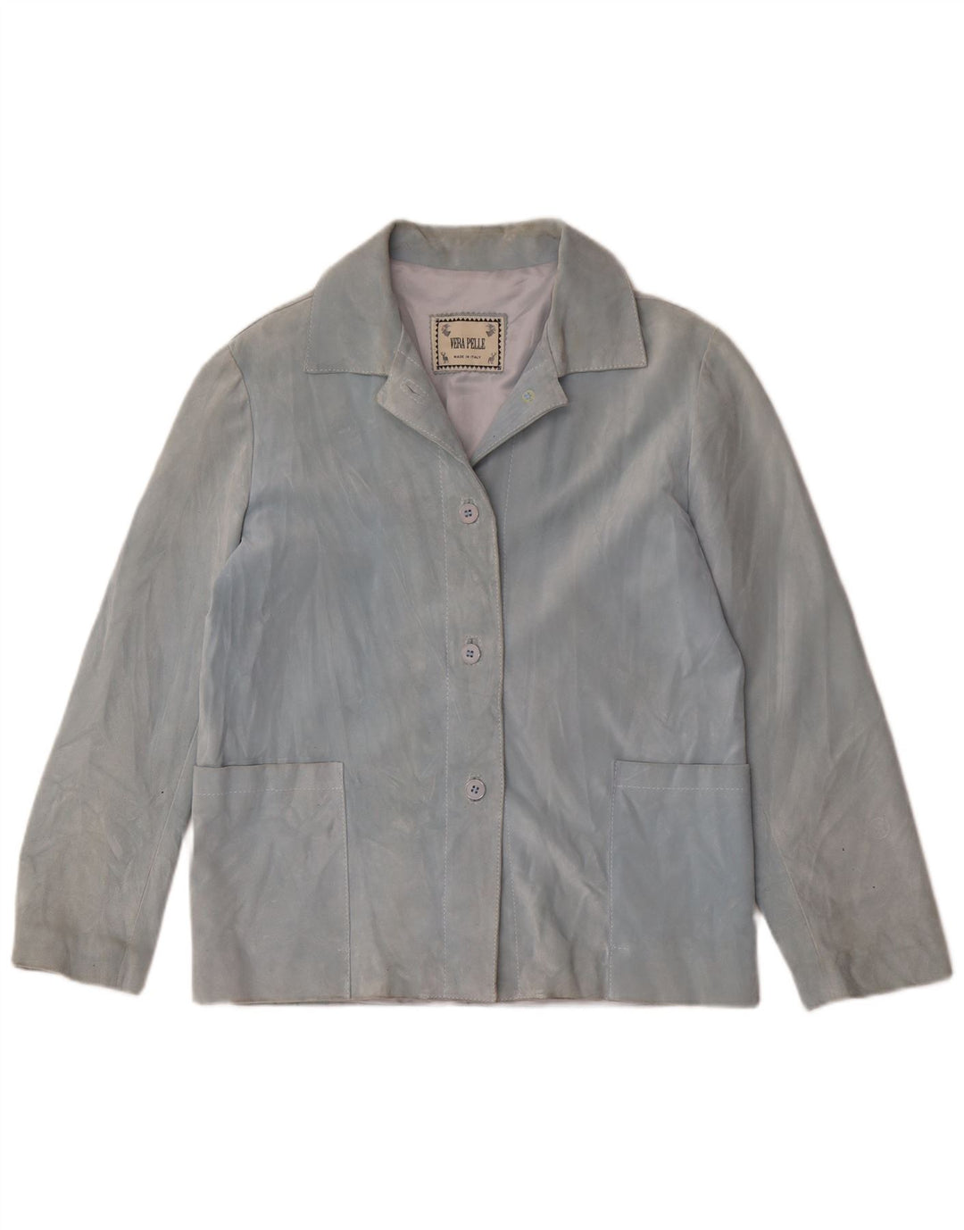 Vintage Womens 4 Button Suede Blazer Jacket UK 14 Medium Blue Leather