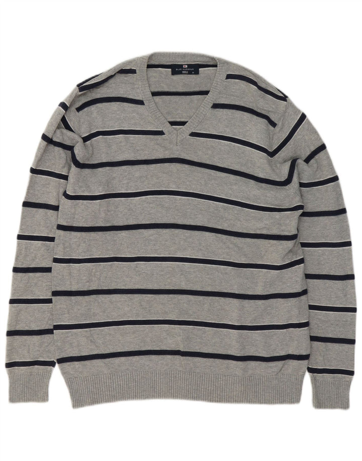Marks & Spencer Mens Blue Harbour V-Neck Jumper Sweater Medium Grey Striped