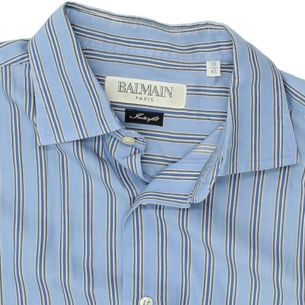 Balmain Mens Blue Striped Spread Collar Shirt | Vintage High End Designer Formal | Vintage Messina Hembry | Thrift | Second-Hand Messina Hembry | Used Clothing | Messina Hembry 