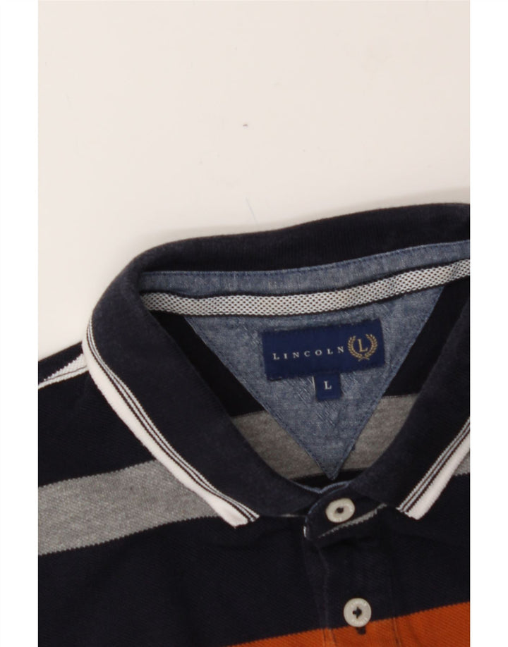 LINCOLN Mens Polo Shirt Large Navy Blue Striped Cotton Vintage Lincoln and Second-Hand Lincoln from Messina Hembry 