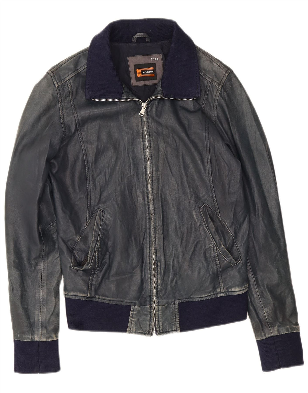 Censured Womens Bomber Leather Jacket UK 14 Large Navy Blue Leather