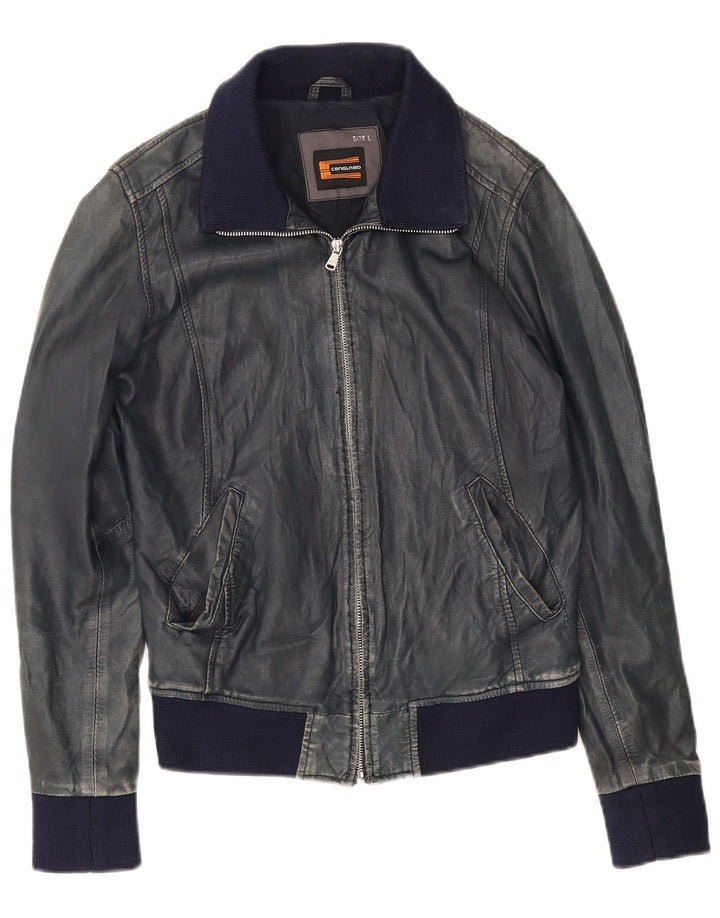 Censured Womens Bomber Leather Jacket UK 14 Large Navy Blue Leather