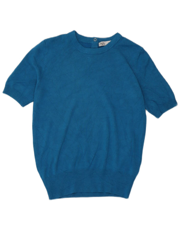 Zara Womens Short Sleeve Crew Neck Jumper Sweater UK 12 Medium Blue Viscose