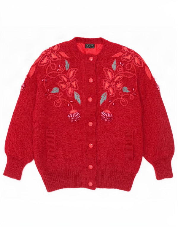 Vintage Womens Oversized Cardigan Sweater UK 16 Large Red Floral Mohair