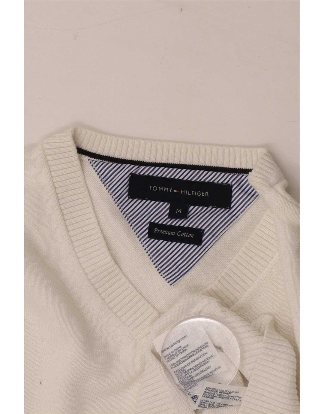 Tommy Hilfiger Mens V-Neck Jumper Sweater Medium White Cotton