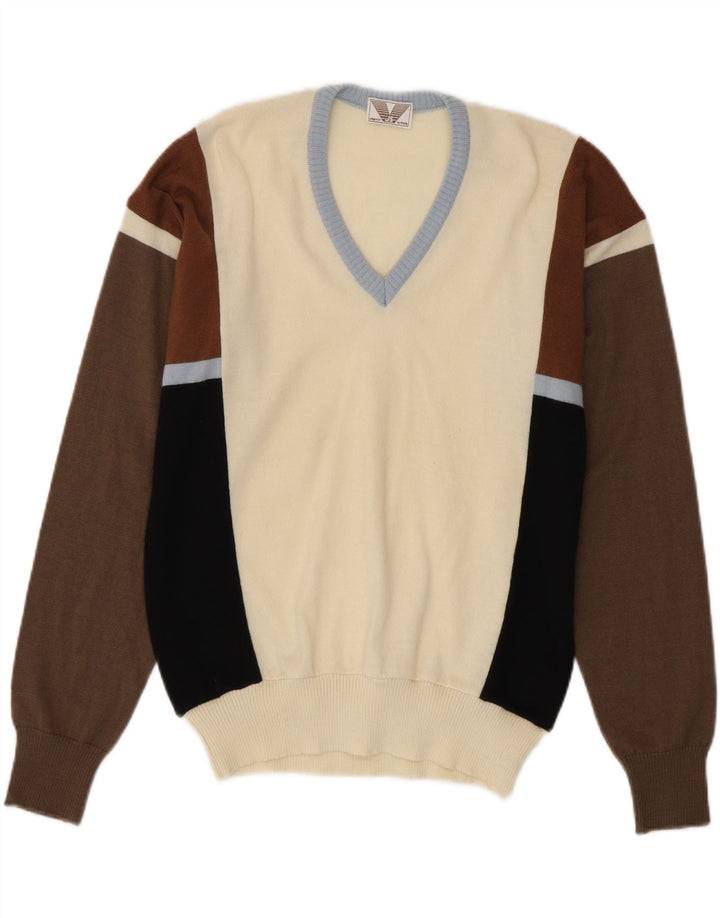VINTAGE Mens V-Neck Jumper Sweater IT 50 Medium Multicoloured Colourblock