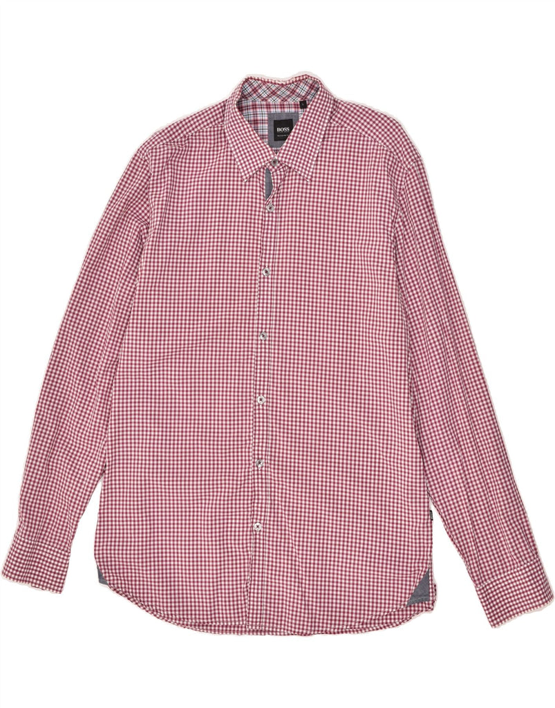 HUGO BOSS Mens Regular Fit Shirt Large Pink Gingham Cotton | Vintage Hugo Boss | Thrift | Second-Hand Hugo Boss | Used Clothing | Messina Hembry 