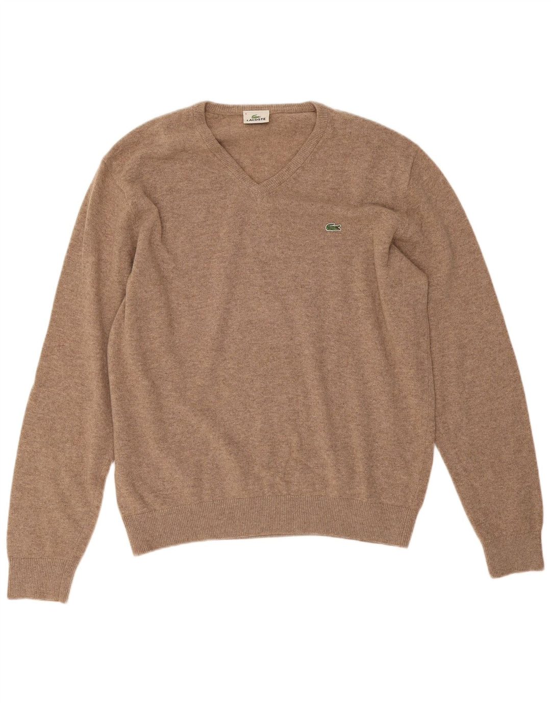 Lacoste Mens V-Neck Jumper Sweater Size 6 XL Beige Flecked Wool