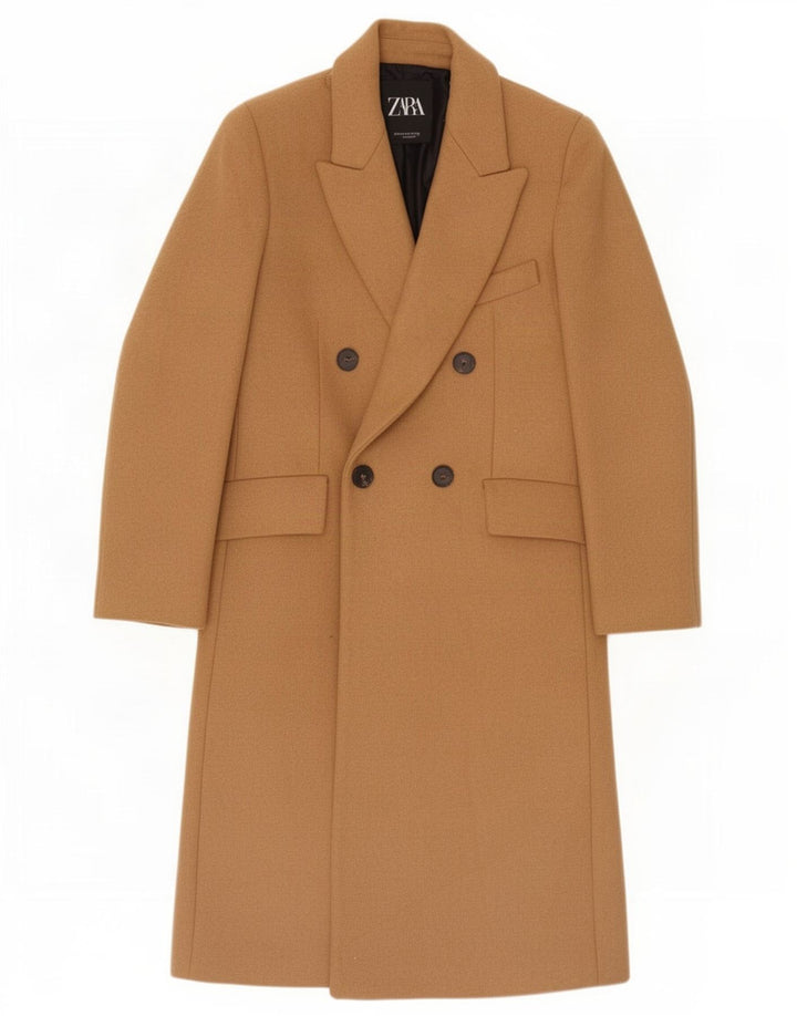 Zara Womens Oversized Double Breasted Coat UK 6 XS Beige Wool