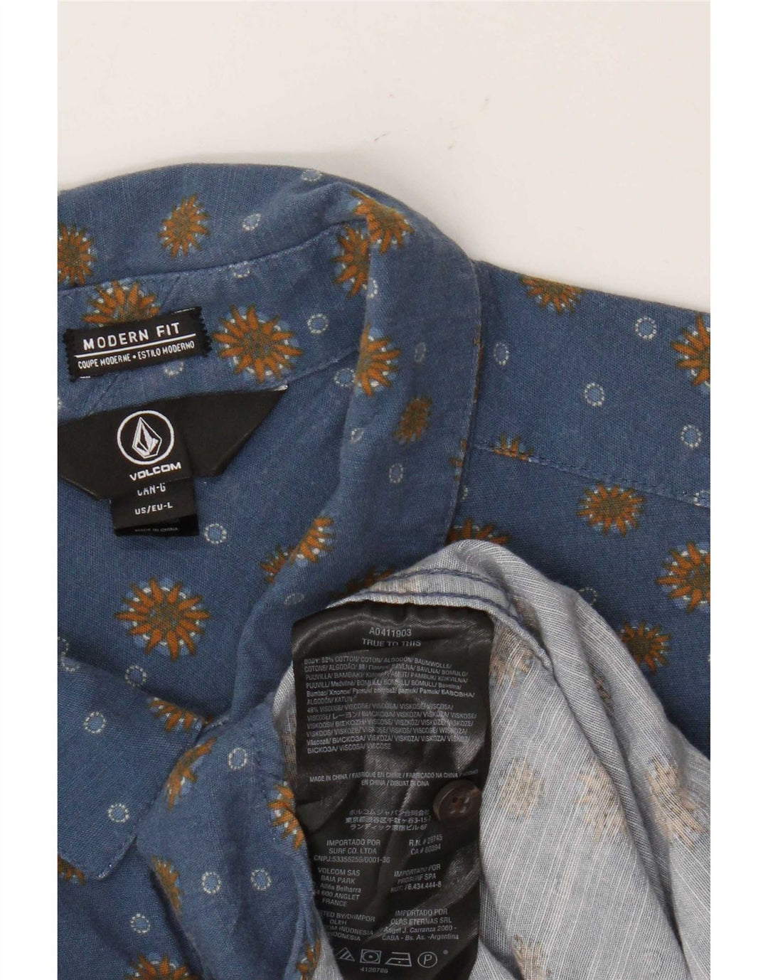 Volcom Mens Short Sleeve Modern Fit Shirt Large Blue Cotton