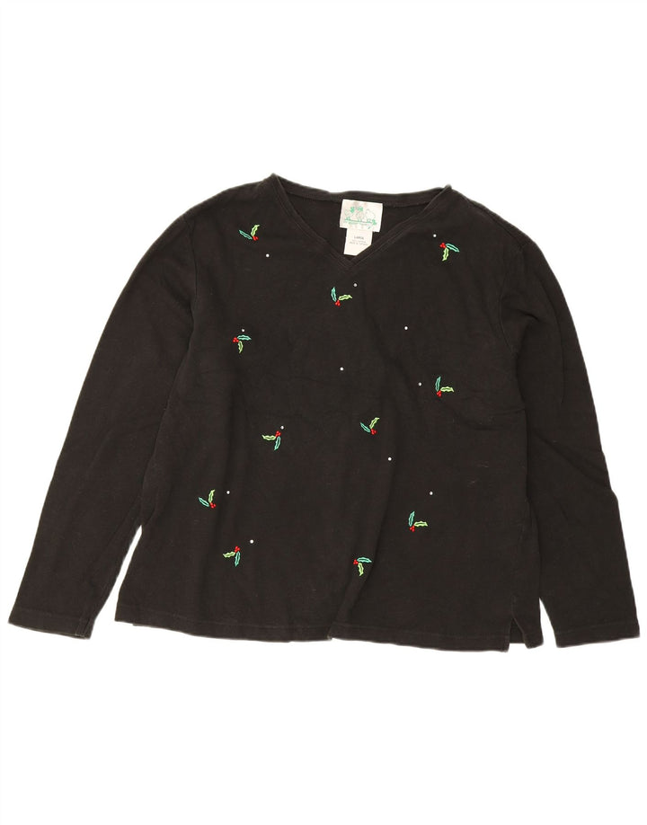 Vintage Womens Oversized Graphic Top Long Sleeve UK 16 Large Black Cotton
