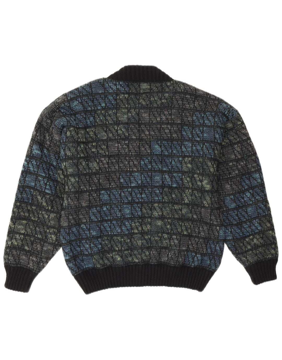 Tobia System Mens Knit Bomber Jacket EU 46 Small Navy Blue Check Wool Retro