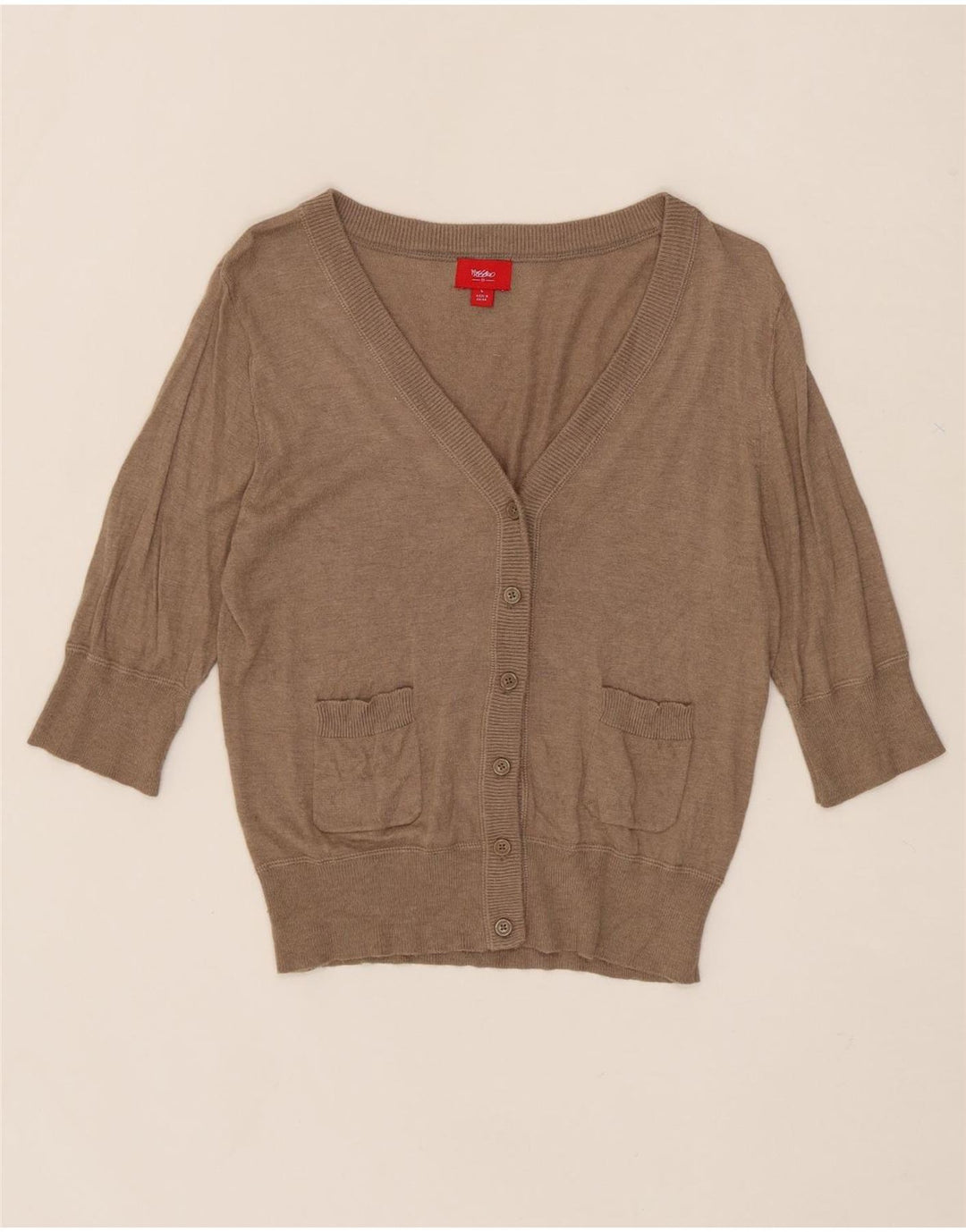 MOSSIMO Womens 3/4 Sleeve Cardigan Sweater UK 14 Large Brown Nylon Vintage Mossimo and Second-Hand Mossimo from Messina Hembry 