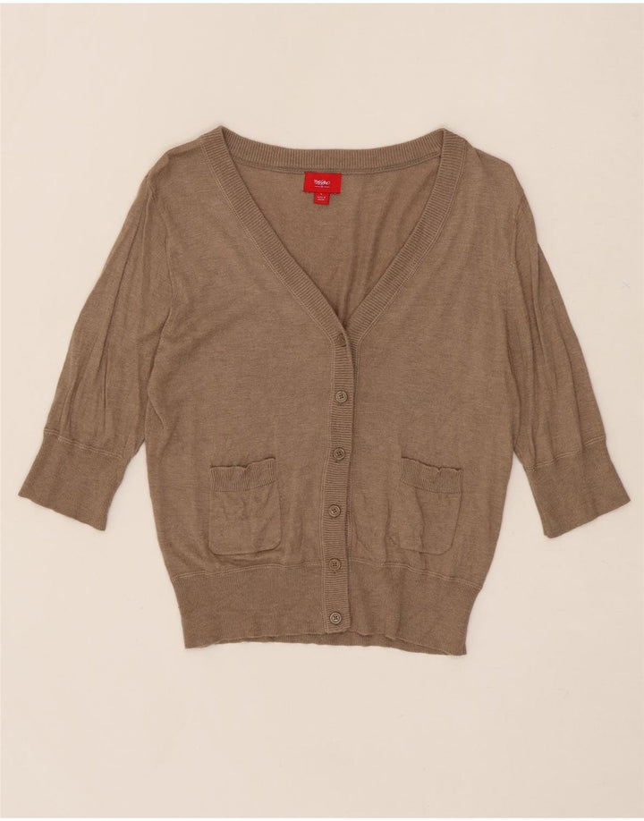 MOSSIMO Womens 3/4 Sleeve Cardigan Sweater UK 14 Large Brown Nylon Vintage Mossimo and Second-Hand Mossimo from Messina Hembry 