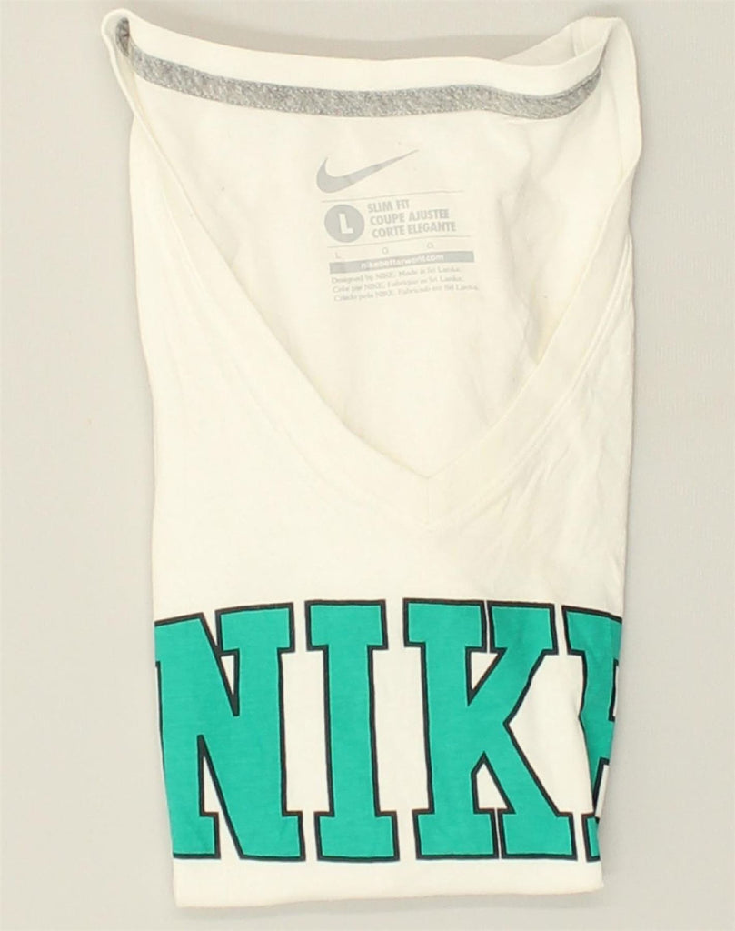 NIKE Womens Slim Fit Graphic T-Shirt Top UK 14 Large White Cotton | Vintage Nike | Thrift | Second-Hand Nike | Used Clothing | Messina Hembry 