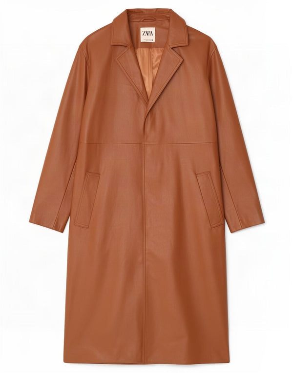 Zara Womens Oversized Faux Leather Overcoat UK 10 Small Brown Polyurethane