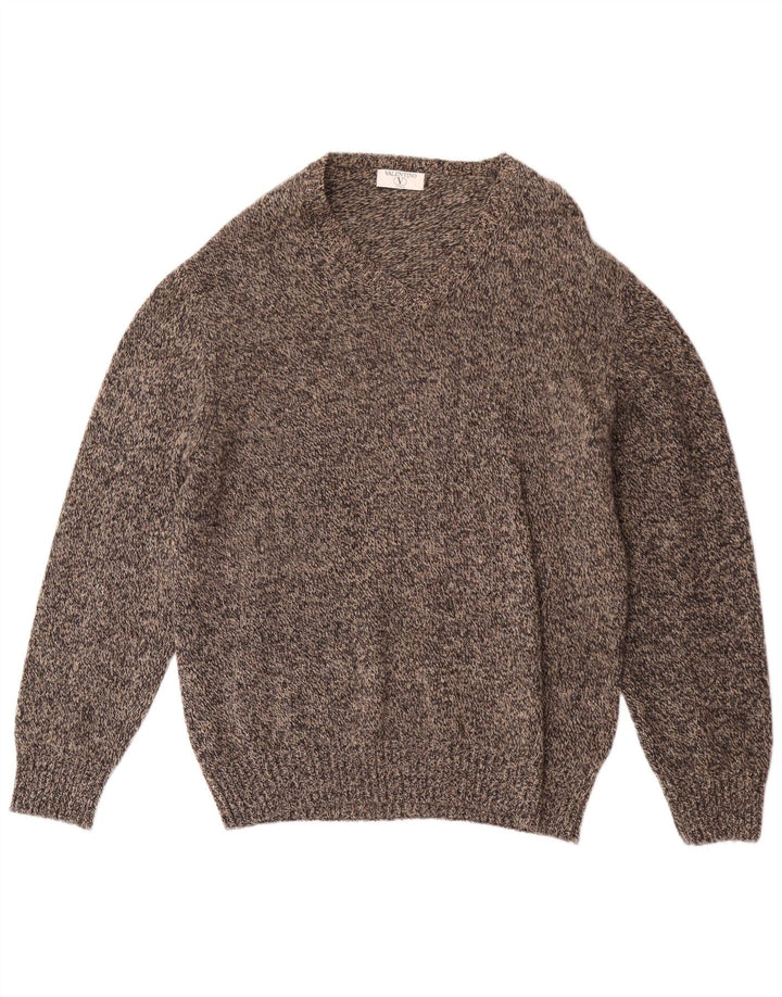 Valentino Mens V-Neck Jumper Sweater XL Brown Flecked Wool
