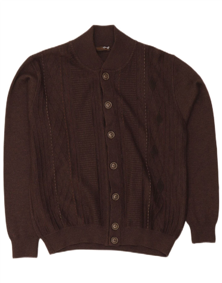 Vintage Mens Regular Fit Cardigan Sweater Medium Brown Merino Wool Classic
