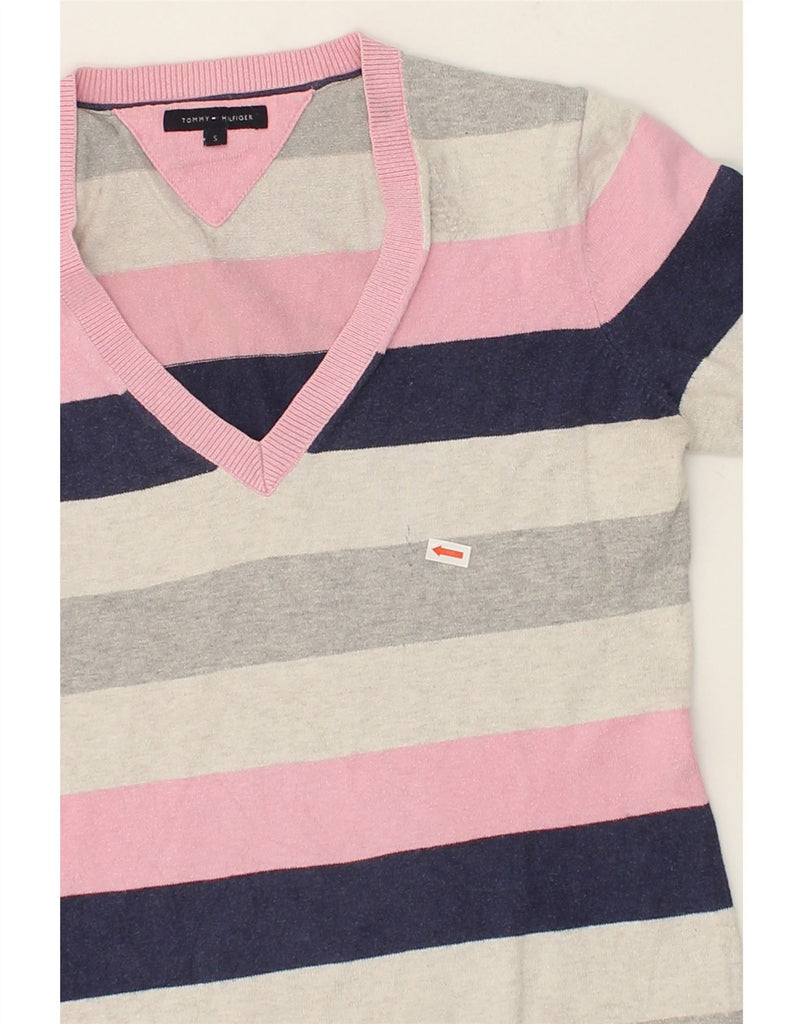 TOMMY HILFIGER Womens V-Neck Jumper Sweater UK 10 Small Pink Striped | Vintage Tommy Hilfiger | Thrift | Second-Hand Tommy Hilfiger | Used Clothing | Messina Hembry 