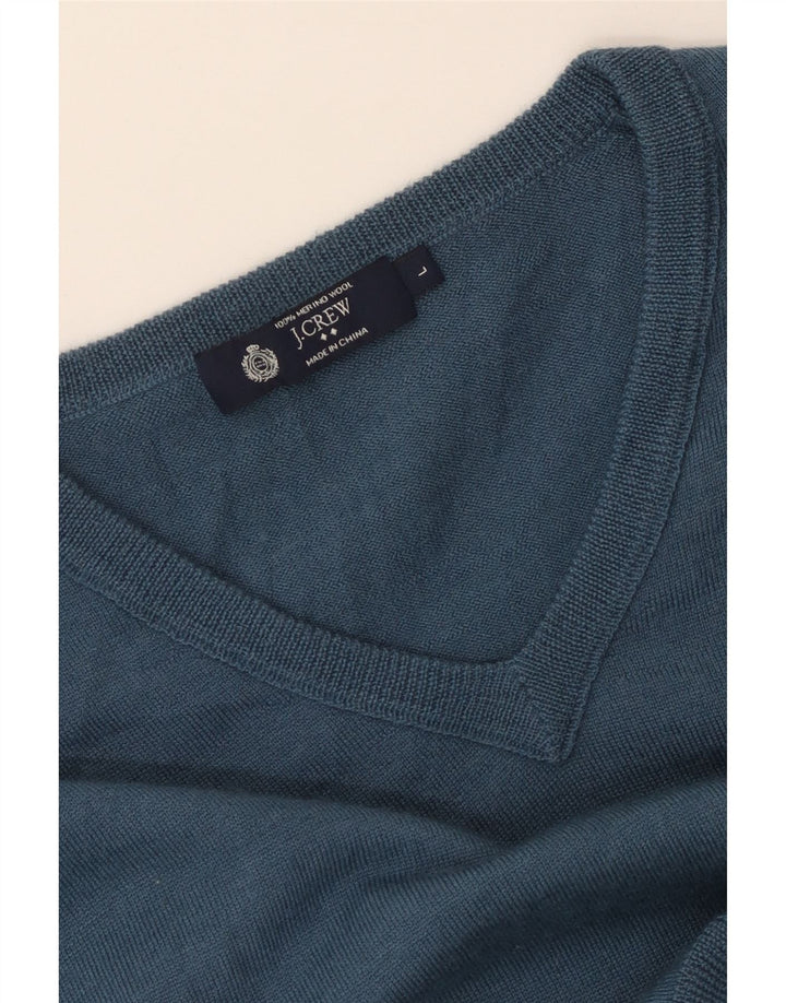 J. Crew Mens V-Neck Jumper Sweater Large Blue Merino Wool