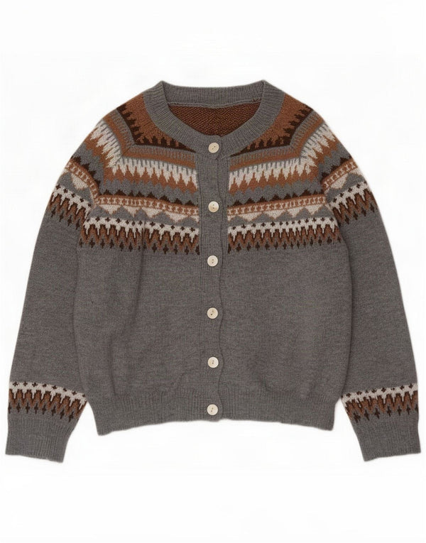 Vintage Womens Cardigan Sweater UK 16 Large Grey Fair Isle Polyester