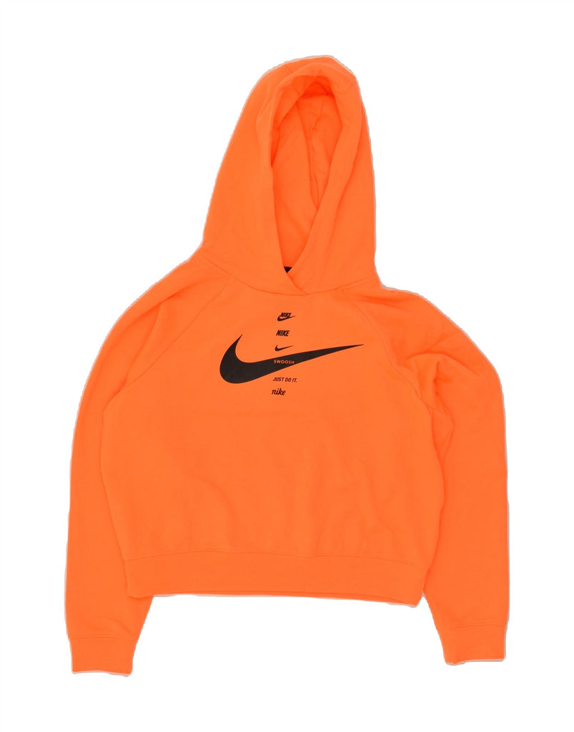 NIKE Womens Swoosh Graphic Crop Hoodie Jumper UK 10 Small Orange Polyester | Vintage Nike | Thrift | Second-Hand Nike | Used Clothing | Messina Hembry 