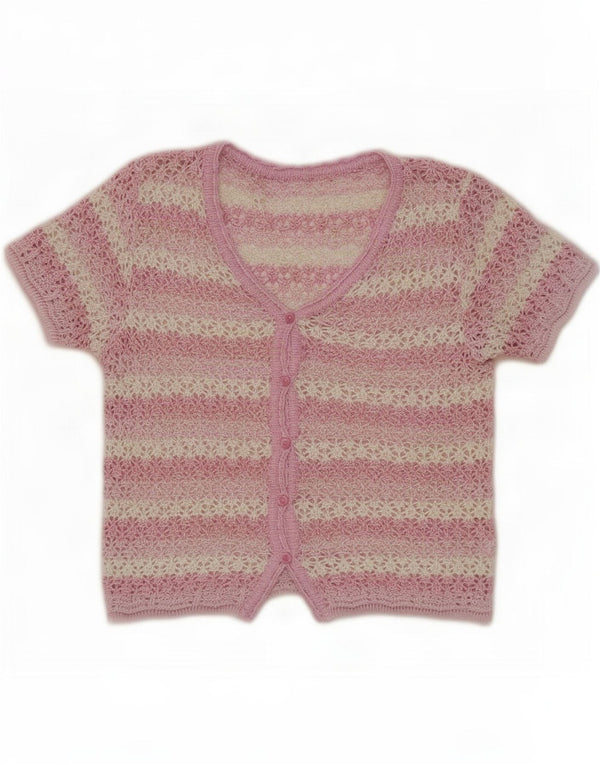 Vintage Womens Short Sleeve Cardigan Sweater UK 14 Medium Pink Striped
