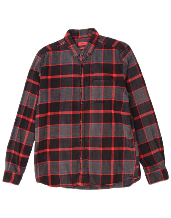 Hugo Boss Mens Straight Fit Flannel Shirt Large Navy Blue Check Cotton