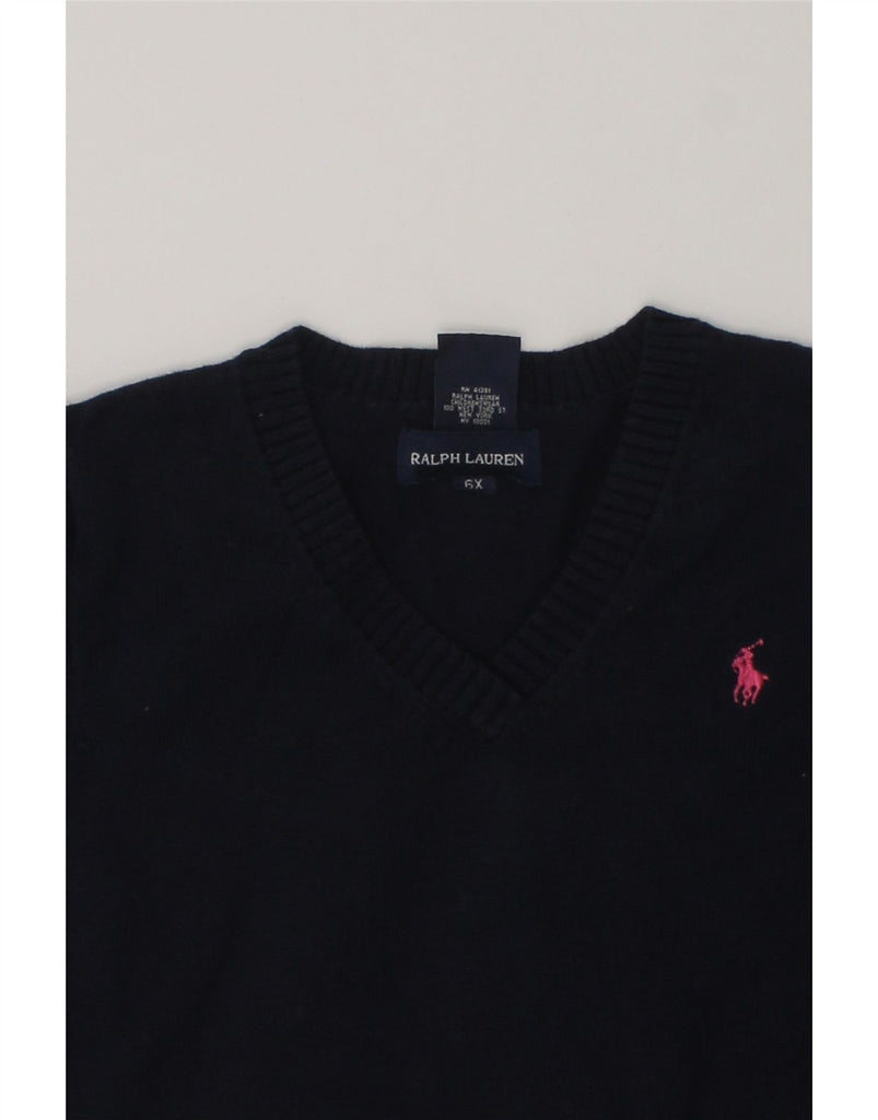 RALPH LAUREN Girls V-Neck Jumper Sweater 5-6 Years Navy Blue Cotton | Vintage Ralph Lauren | Thrift | Second-Hand Ralph Lauren | Used Clothing | Messina Hembry 