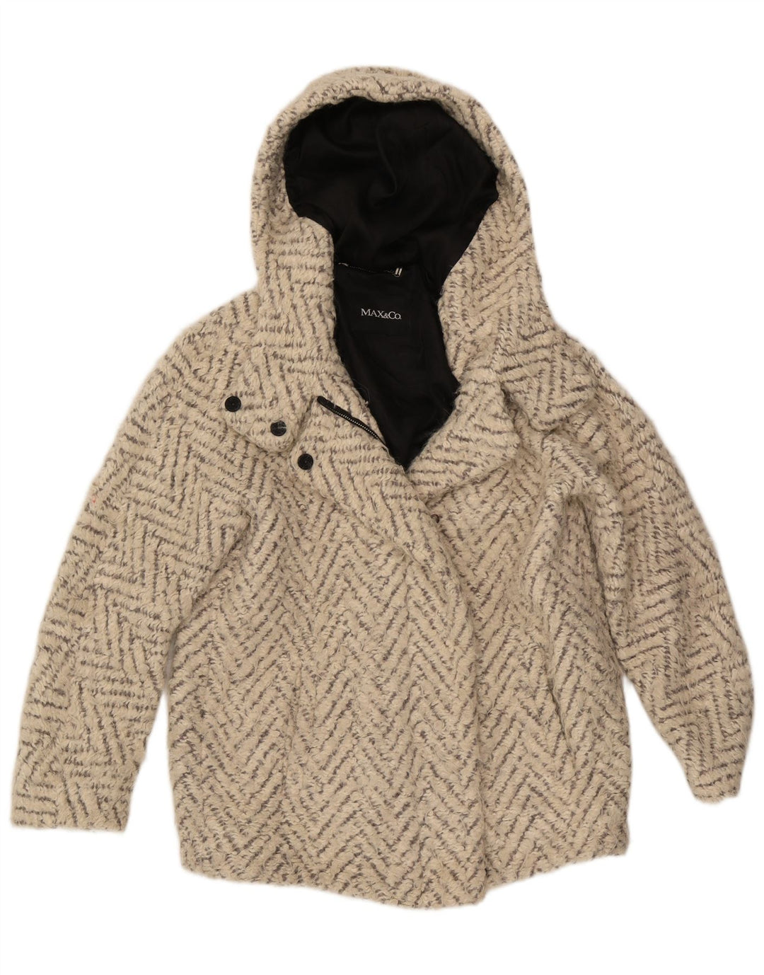 Max & Co. Womens Hooded Oversized Overcoat UK 6 XS Off White Chevron