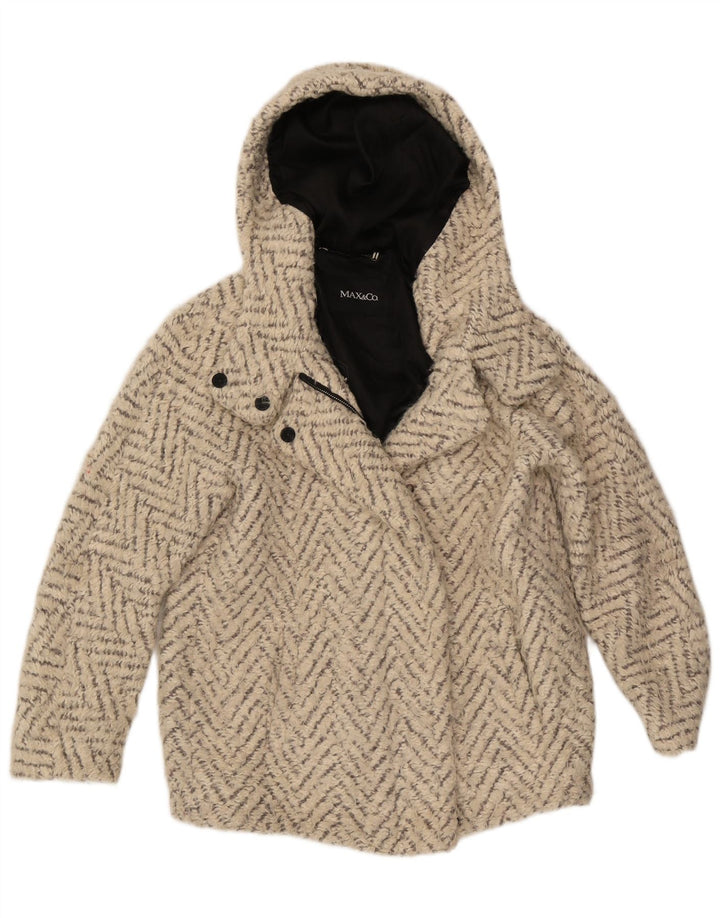 Max & Co. Womens Hooded Oversized Overcoat UK 6 XS Off White Chevron