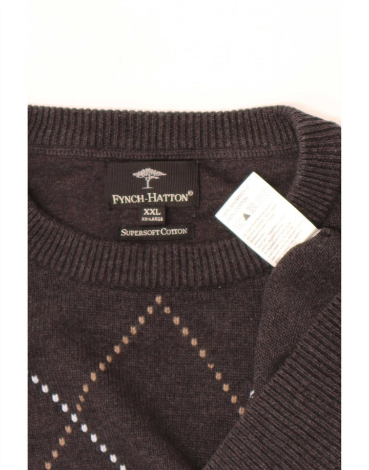 Fynch Hatton Mens Crew Neck Jumper Sweater 2XL Grey Argyle/Diamond Cotton