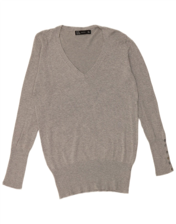 Zara Womens V-Neck Jumper Sweater UK 16 Large Grey Rayon