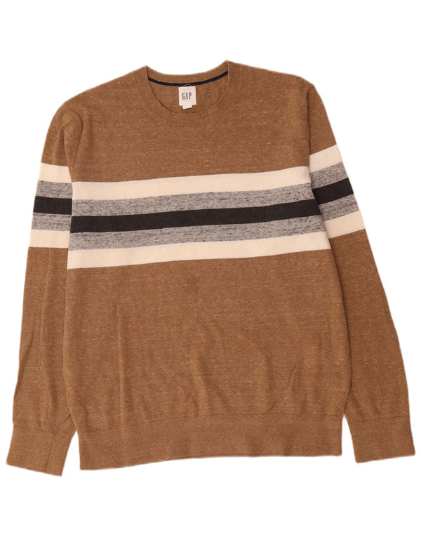 Gap Mens Crew Neck Jumper Sweater Medium Brown Striped Cotton