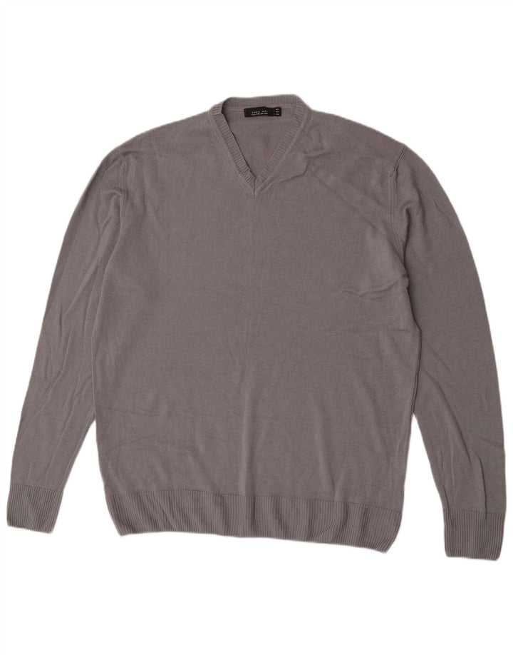 Zara Mens V-Neck Jumper Sweater XL Grey Wool