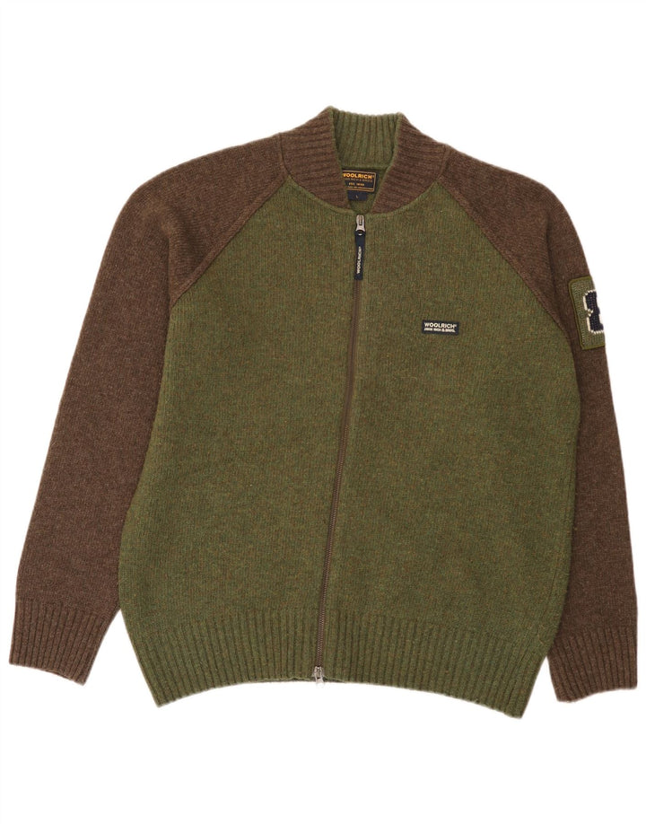 Woolrich Mens Graphic Cardigan Sweater Large Green Colourblock Wool