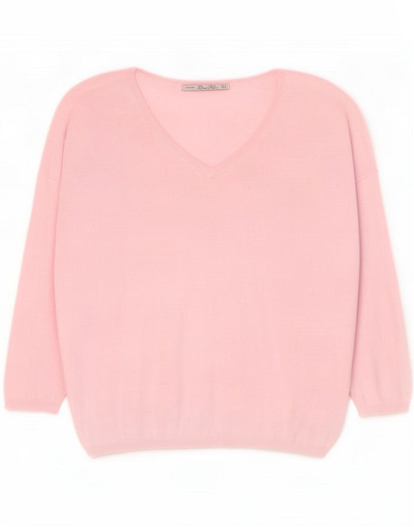 Zara Womens 3/4 Sleeve V-Neck Jumper Sweater UK 14 Medium Pink Cotton