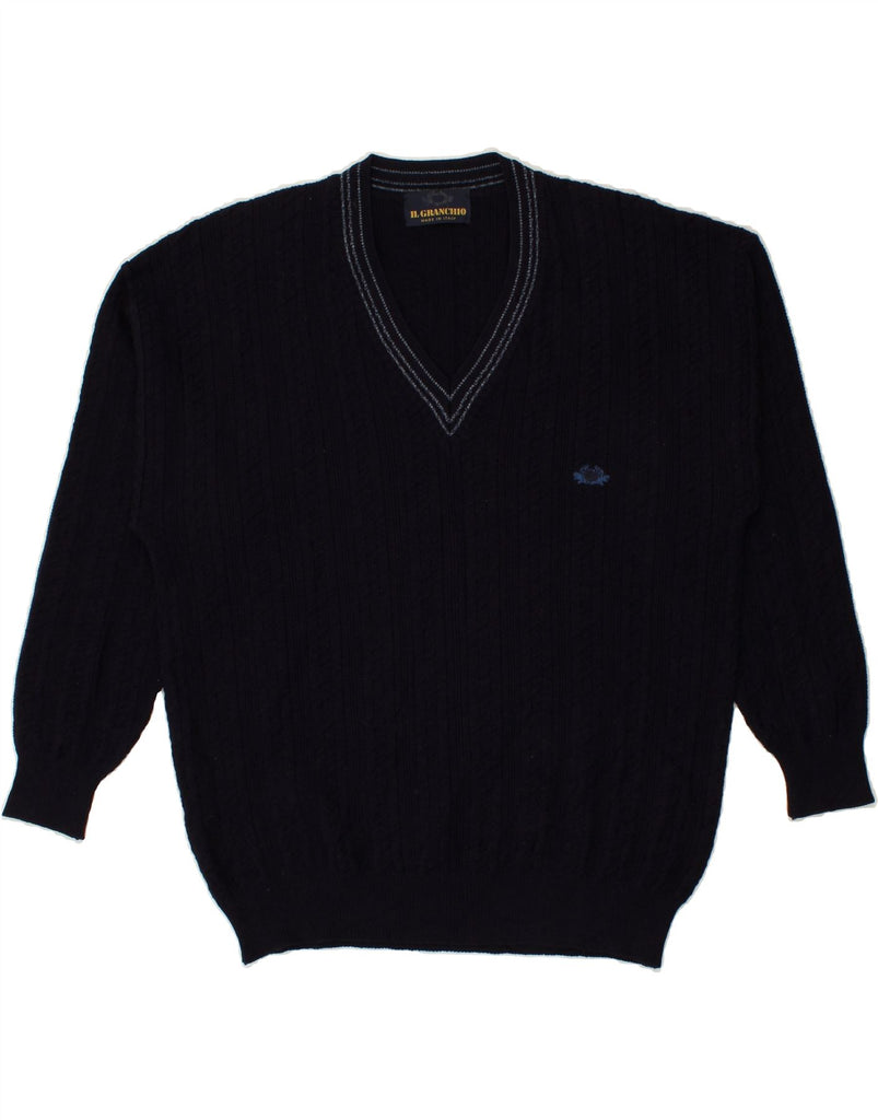 IL GRANCHIO Mens V-Neck Jumper Sweater Small Navy Blue Acrylic | Vintage Il Granchio | Thrift | Second-Hand Il Granchio | Used Clothing | Messina Hembry 