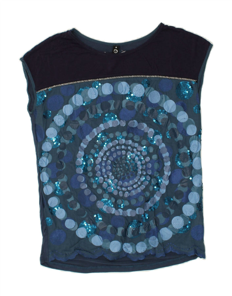 DESIGUAL Womens Graphic Vest Top UK 14 Medium Blue Colourblock Viscose | Vintage Desigual | Thrift | Second-Hand Desigual | Used Clothing | Messina Hembry 