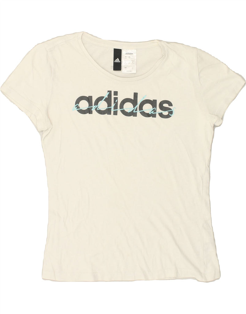 ADIDAS Womens Graphic T-Shirt Top UK 10 Small Off White Cotton | Vintage Adidas | Thrift | Second-Hand Adidas | Used Clothing | Messina Hembry 