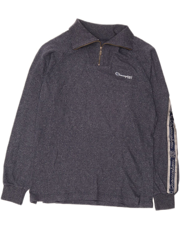 Champion Mens Zip Neck Graphic Top Long Sleeve Large Navy Blue Flecked