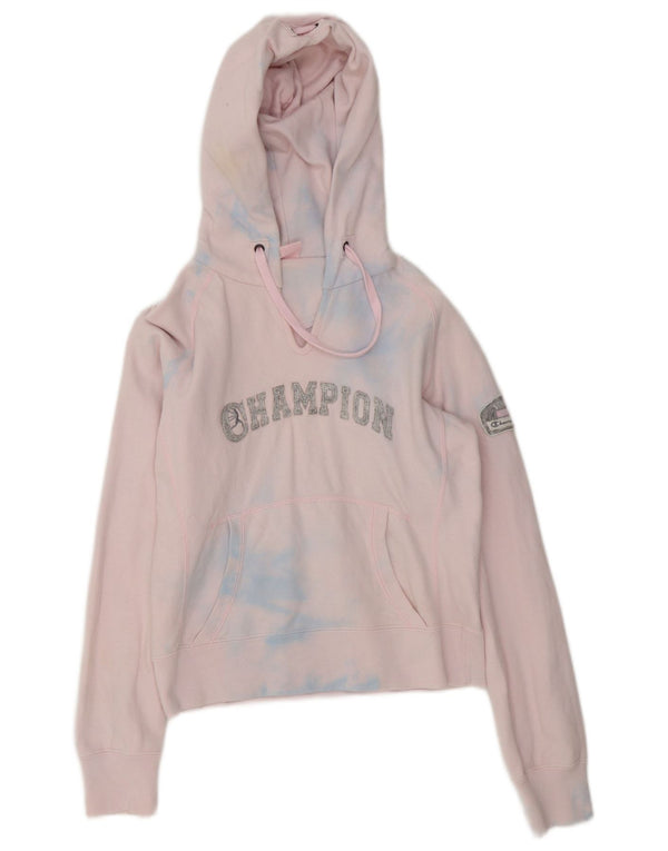 Champion Girls Graphic Hoodie Jumper 9-10 Years Medium Pink Tie Dye Cotton