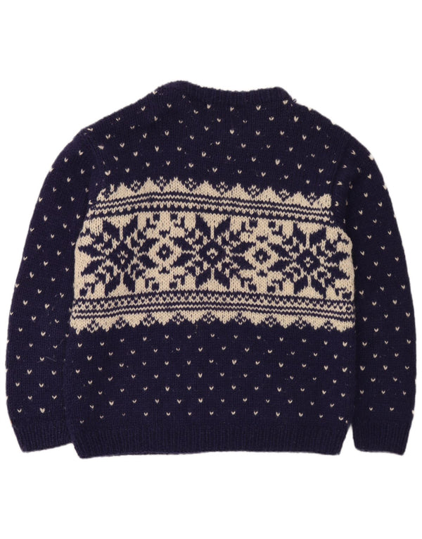 Vintage Mens Boat Neck Jumper Sweater Large Navy Blue Fair Isle Wool