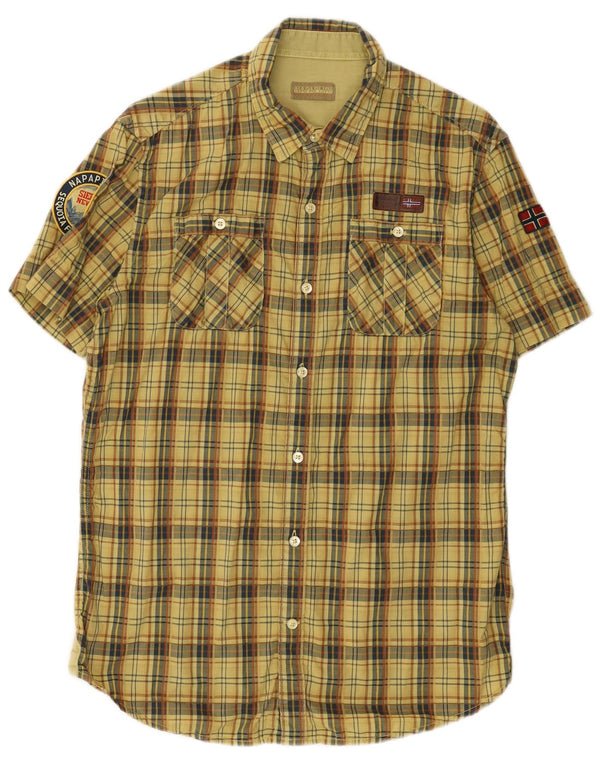 Napapijri Mens Geographic Short Sleeve Shirt Large Yellow Check Cotton