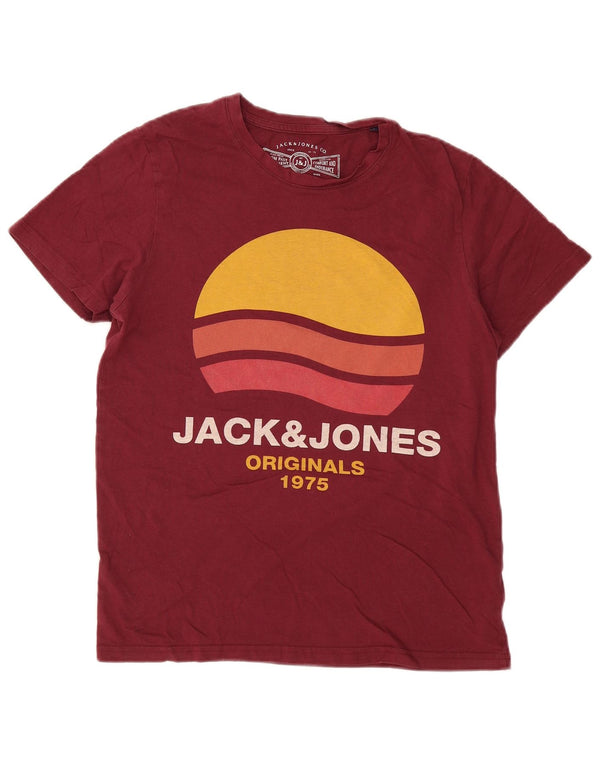JACK & JONES Mens Graphic T-Shirt Top Large Burgundy Cotton